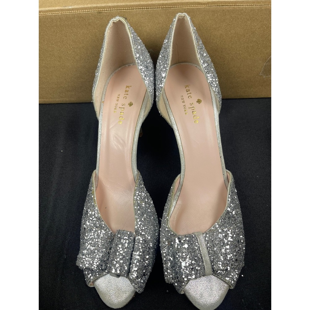 Kate Spade Silver Glitter Bow Peep Toe d'Orsay Stiletto Heels Pumps Size 7.5 - Picture 3 of 4